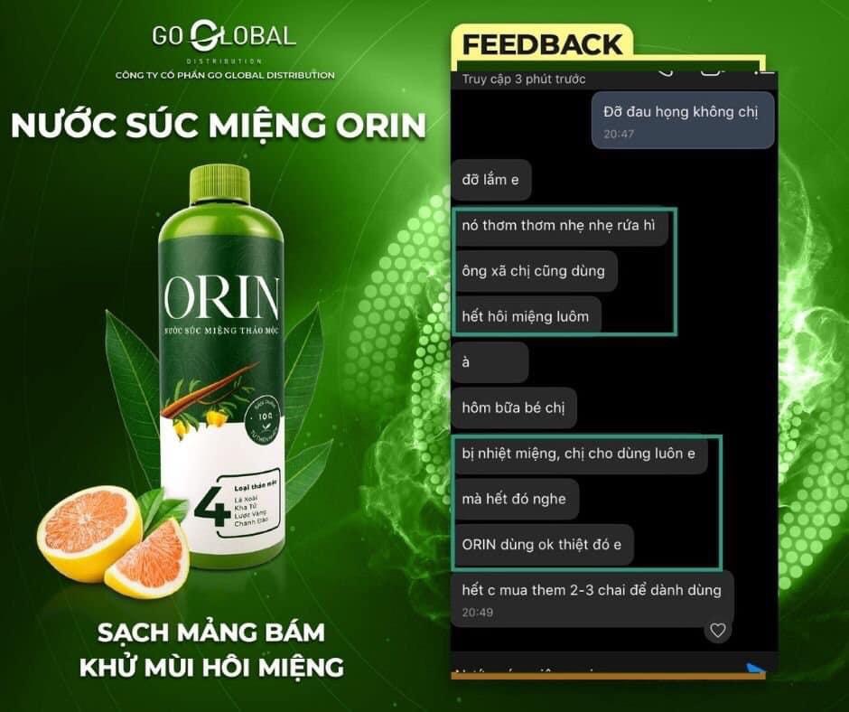 Nước Súc Miệng Thảo Mộc Orin ngừa sâu răng, kháng khuẩn, tan mảng