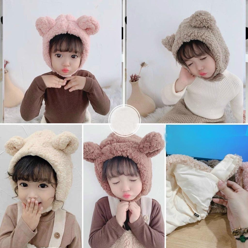 Mũ lông gấu- mũ len lông cừu tai gấu cài cúc kín cổ cho bé