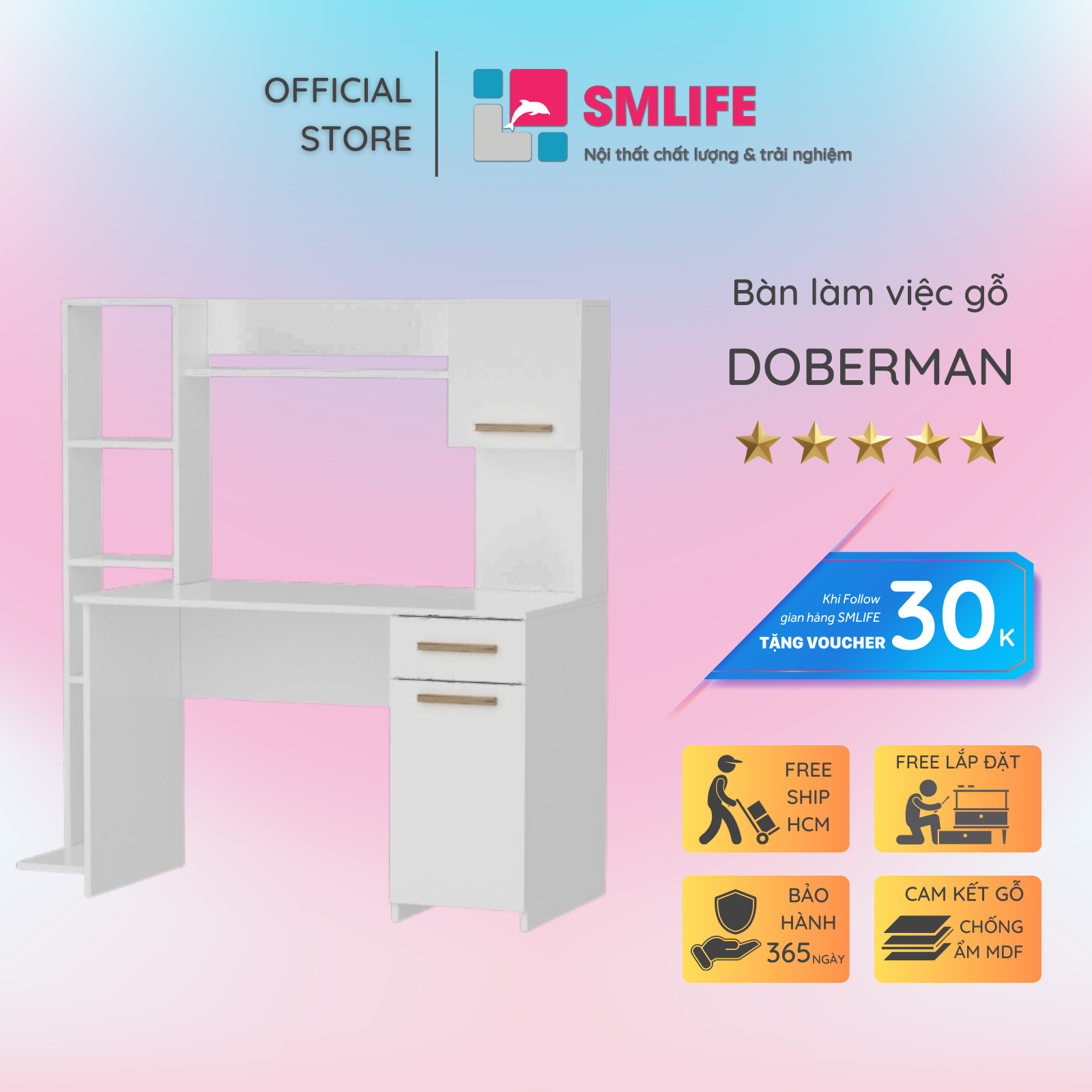 Bàn làm việc gỗ liền kệ giá sách bên đẹp SMLIFE Doberman