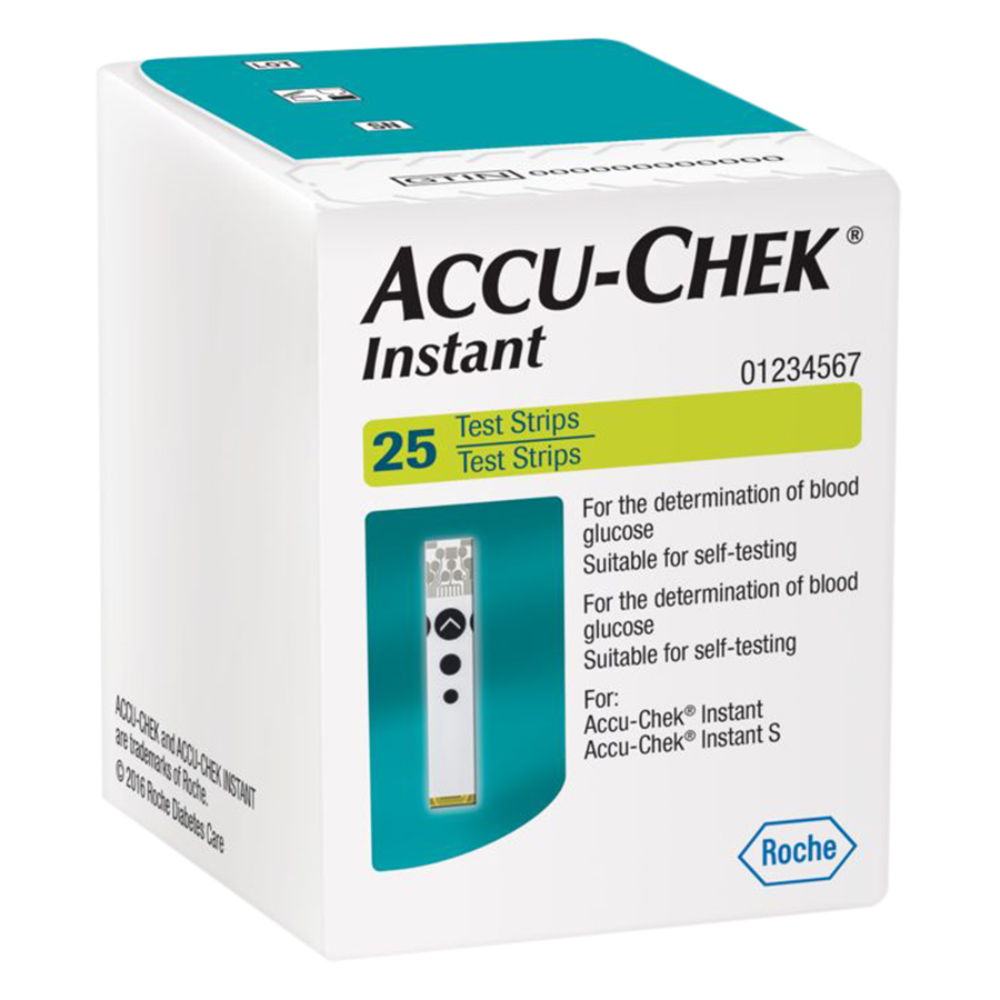 Combo bao gồm: Bộ máy đo đường huyết Accu-chek Instant mmol/L, bút lấy máu kèm 10 kim, 1 hộp 25 que thử