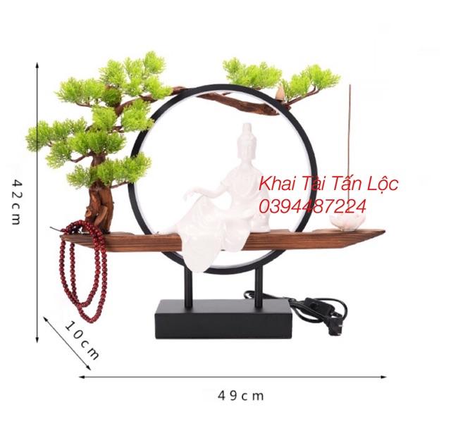 Tượng Quan Âm Tự Tại và kệ gỗ đèn Led thác khói 7 món