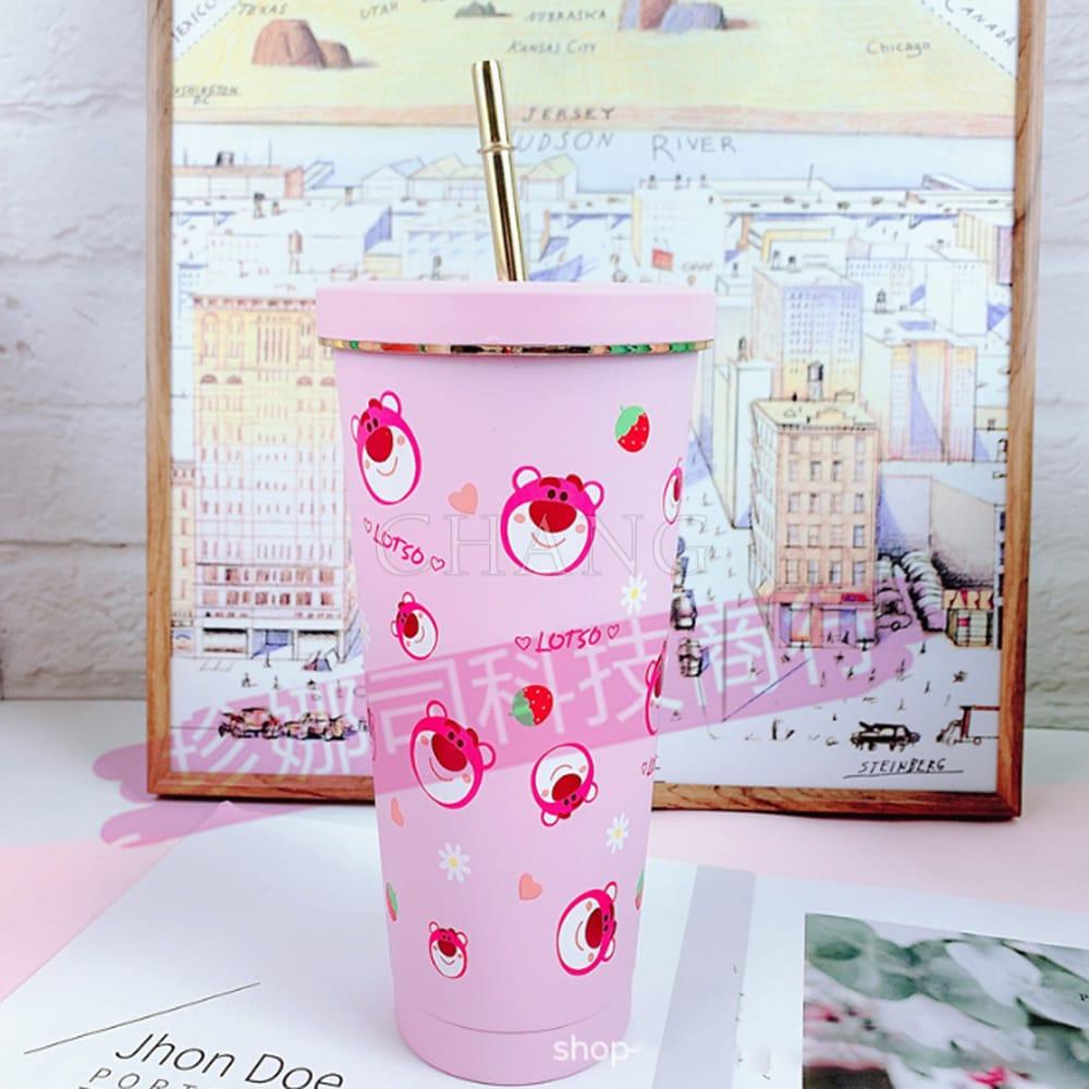 Ly Giữ Nhiệt Gấu Dâu LOTSO 750ML, Bình Giữ Nhiệt Inox 304 Tặng Kèm Ống Hút