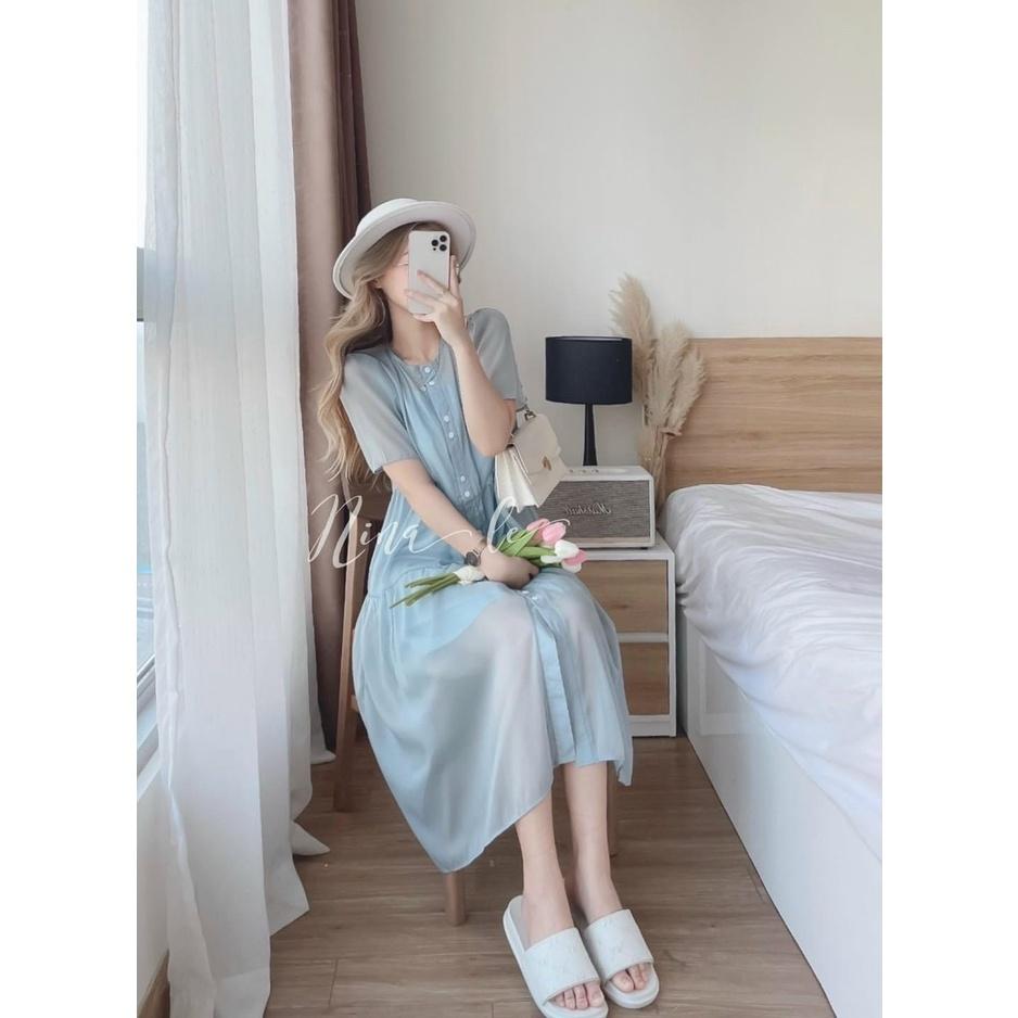 Đầm babydoll tiểu thư cổ tròn cài nút nhún tầng xinh xắn