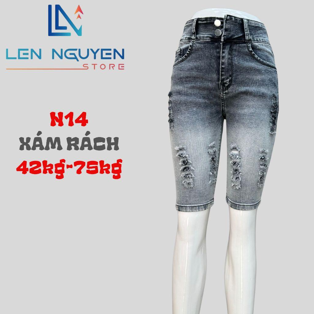 N14_Quần jean nữ, ngố 7 tất, lưng cao, quần bò nữ dáng ôm, quần rin nữ có big size, cho 42kg đến 75kg,LEN NGUYEN STORE - Xám Rách