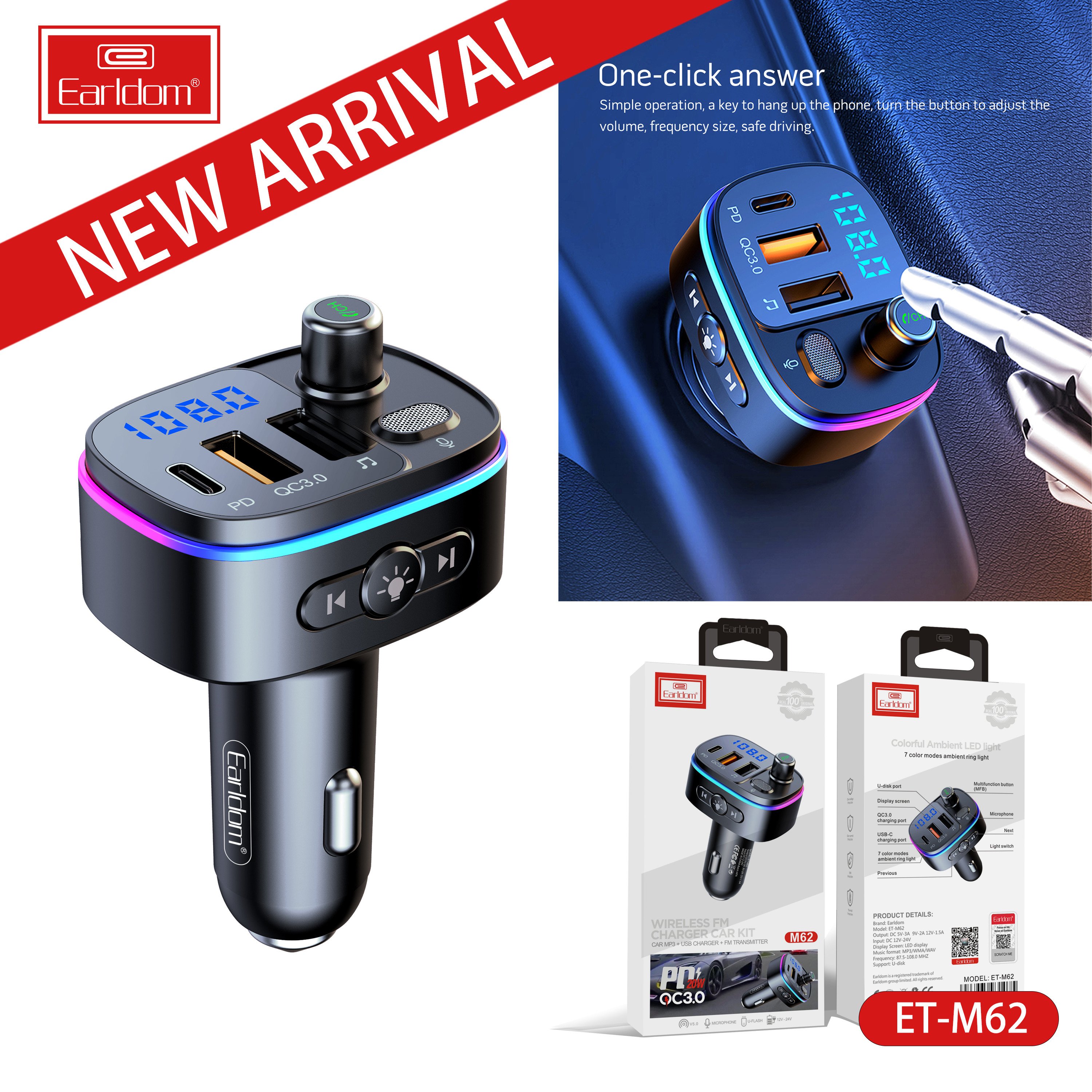 Tẩu Sạc Bluetooth Earldom M62 Hàng Chính Hãng