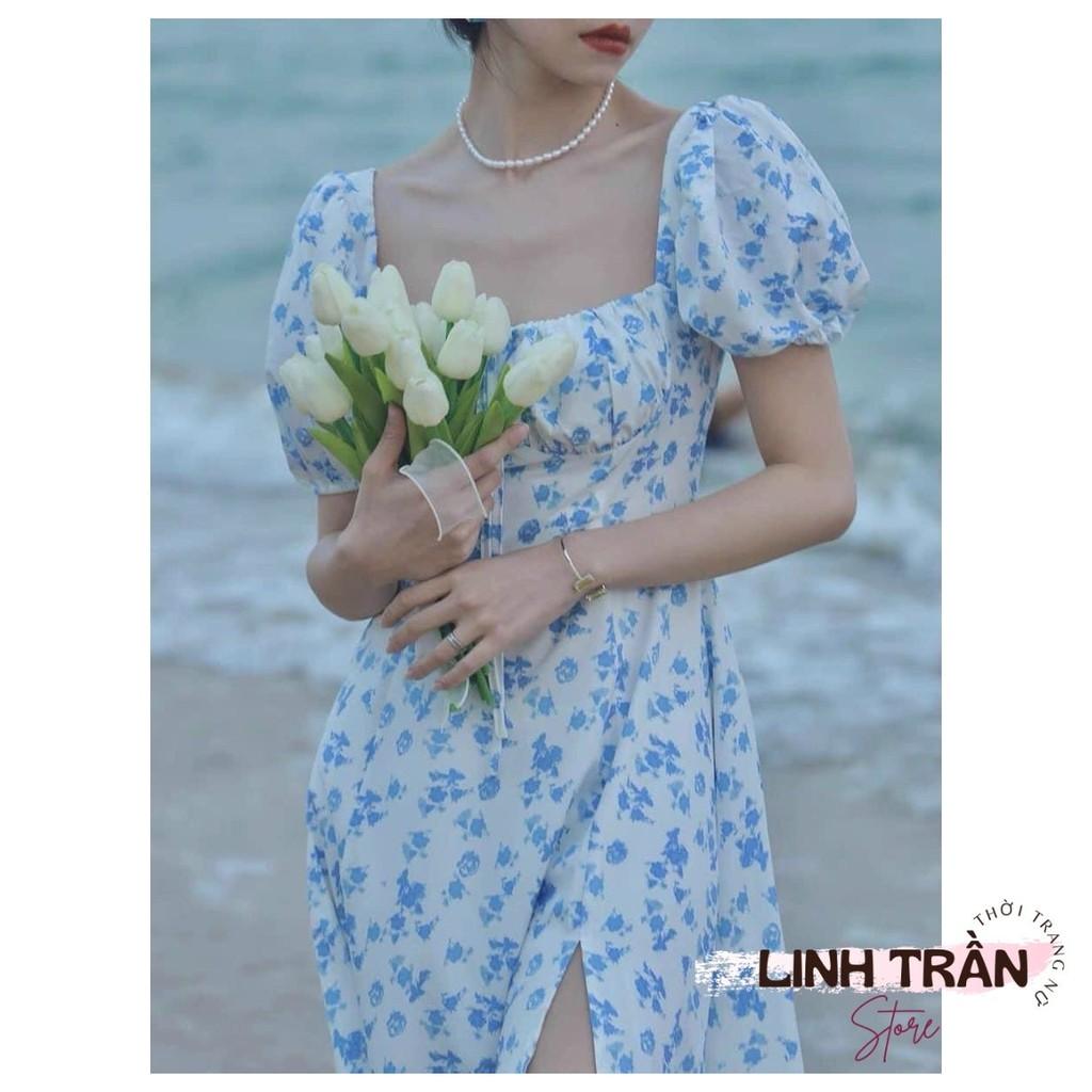 Đầm Midi Hoa Cổ Vuông Sẻ Đùi Váy Hóa Dáng Xòe Sẻ Đùi Linh Trần Store