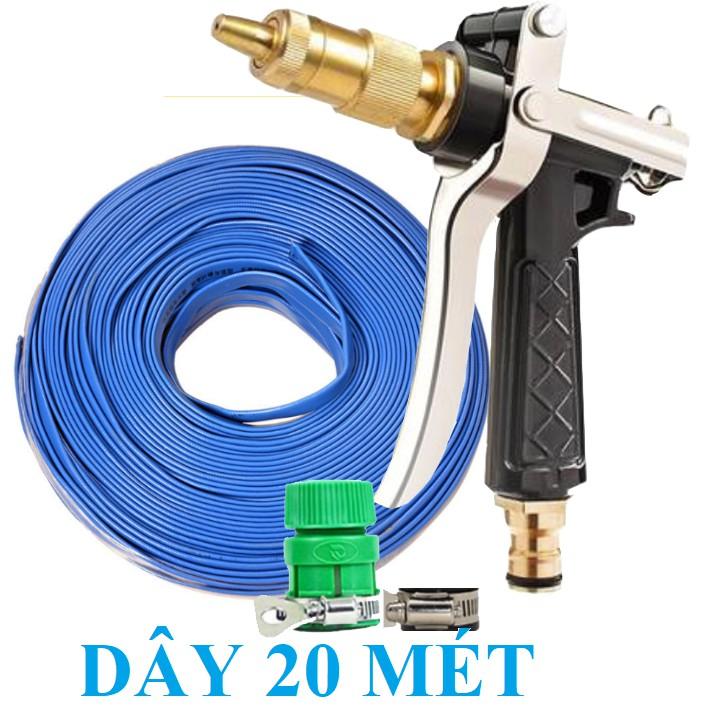 Bộ dây vòi xịt nước rửa xe, tưới cây . tăng áp 3 lần, loại 20m 206236 đầu đồng, đai, nối vòi vàng