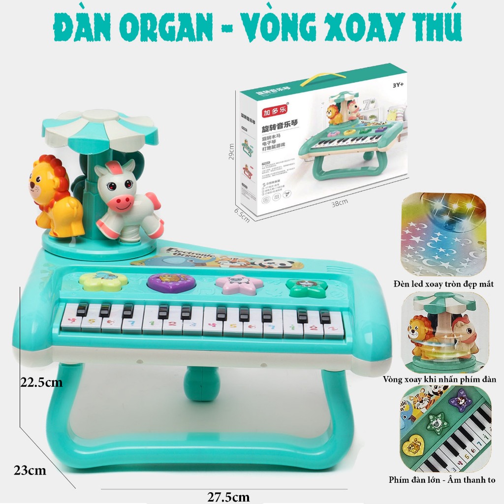 Đàn Piano Phát Nhạc - Organ Kết Hợp Vòng Xoay Thú Khi Đánh Đàn Đèn Led Quay 360 Sinh Động Quà Sinh Nhật Cho Bé Trai Gái