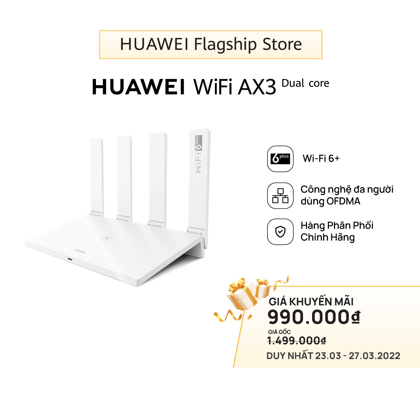 Bộ Định Tuyến HUAWEI Wifi AX3 (CPU 2 Nhân) | 3000 Mbps | Wi-Fi 6+ | Công Nghệ Đa Người Dùng OFDMA | Hàng Chính Hãng