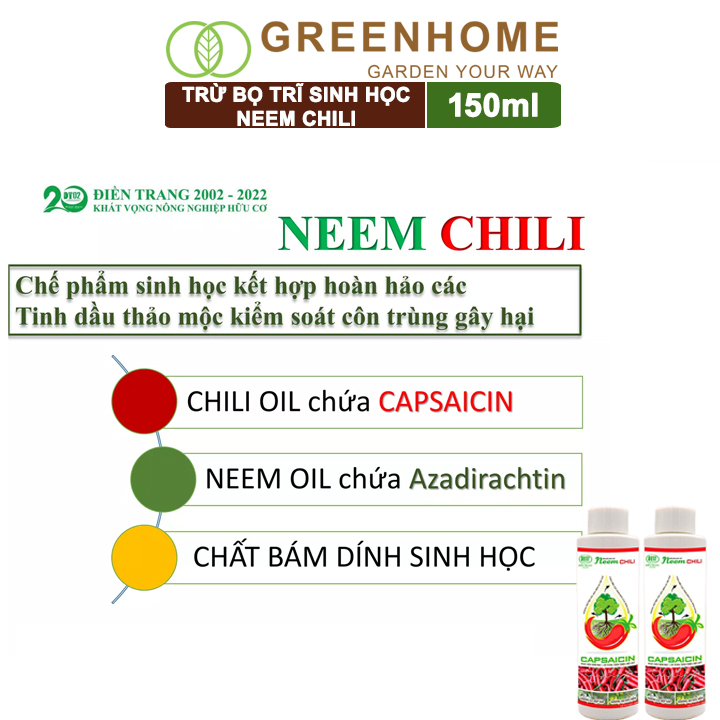 Dầu Neem Oil Sinh Học Greenhome, Neem Chill, 150ml, Kết Hợp Tinh Dầu Tỏi, Ớt, Trừ Bọ Trĩ, Nhện Đỏ, Rầy, Rệp Sáp Cho Cây