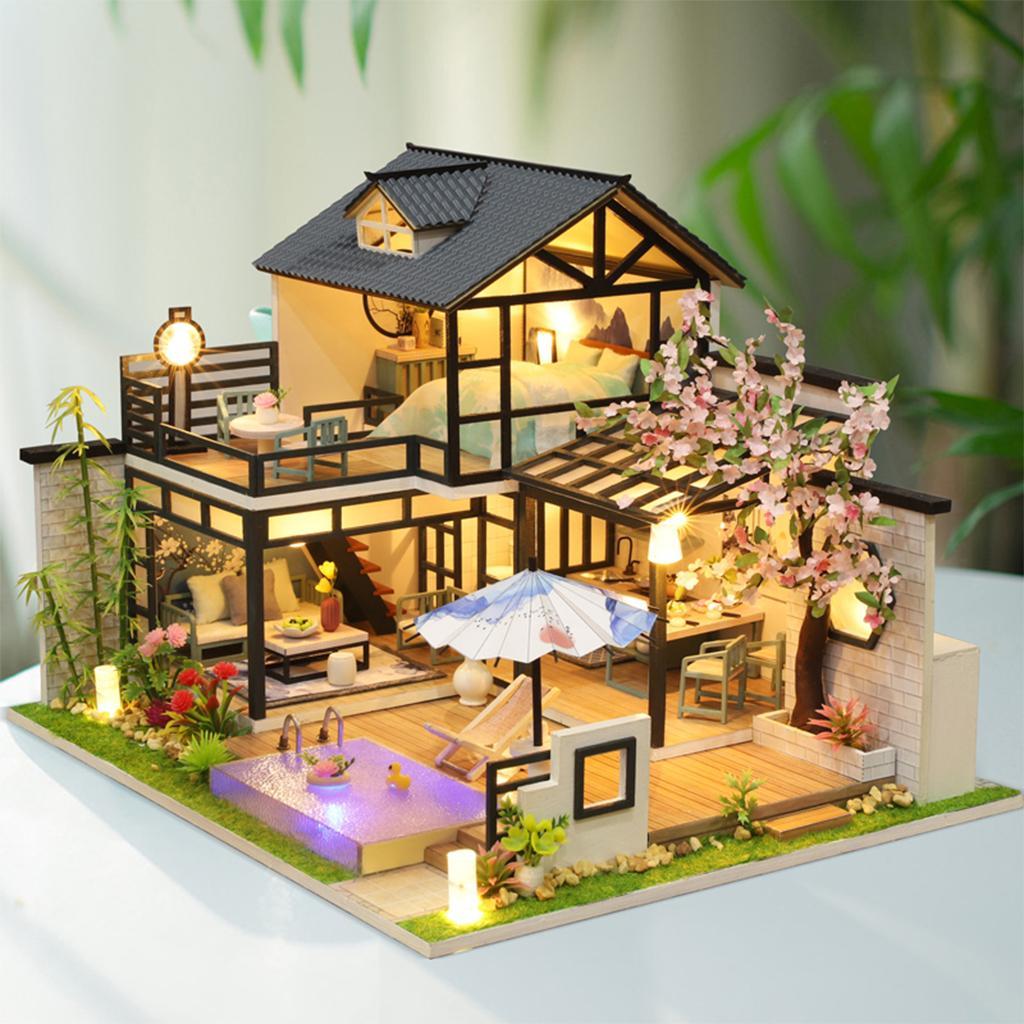 Wooden Dollhouse with Lights and Furniture Accessories, DIY Romantic Creative Villa House Room Set Gift for Ages 3+