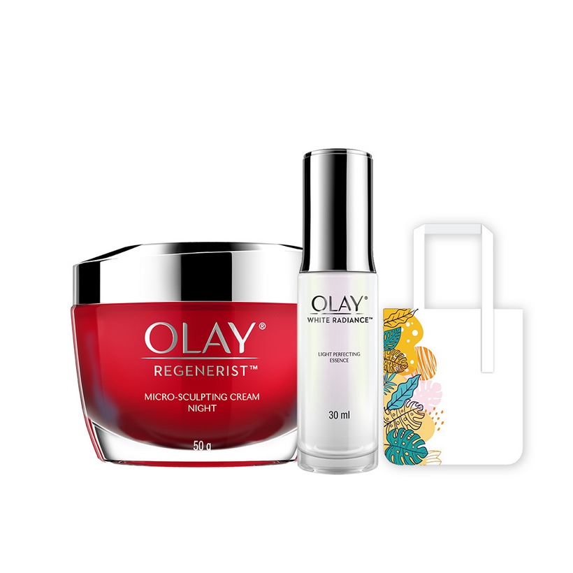 Bộ Đôi Hoàn Hảo Olay (Kem Vi Dưỡng Ban Đêm Olay Regenerist 50g + Dưỡng chất Trắng Da Olay White Radiance Advance Light Perfecting 30ml) [Tặng Túi Tote Thiết Kế Mới]