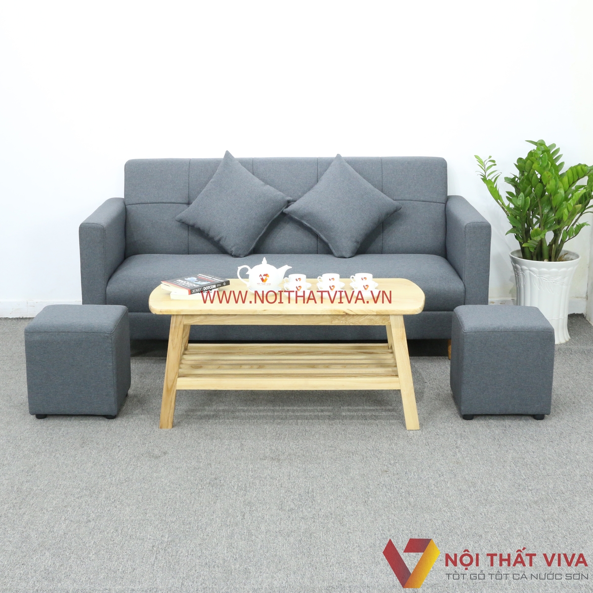 Bộ Bàn Ghế Sofa Nệm Bọc Nỉ Màu Xám 6 Món Gọn Đẹp Hiện Đại Giá Rẻ