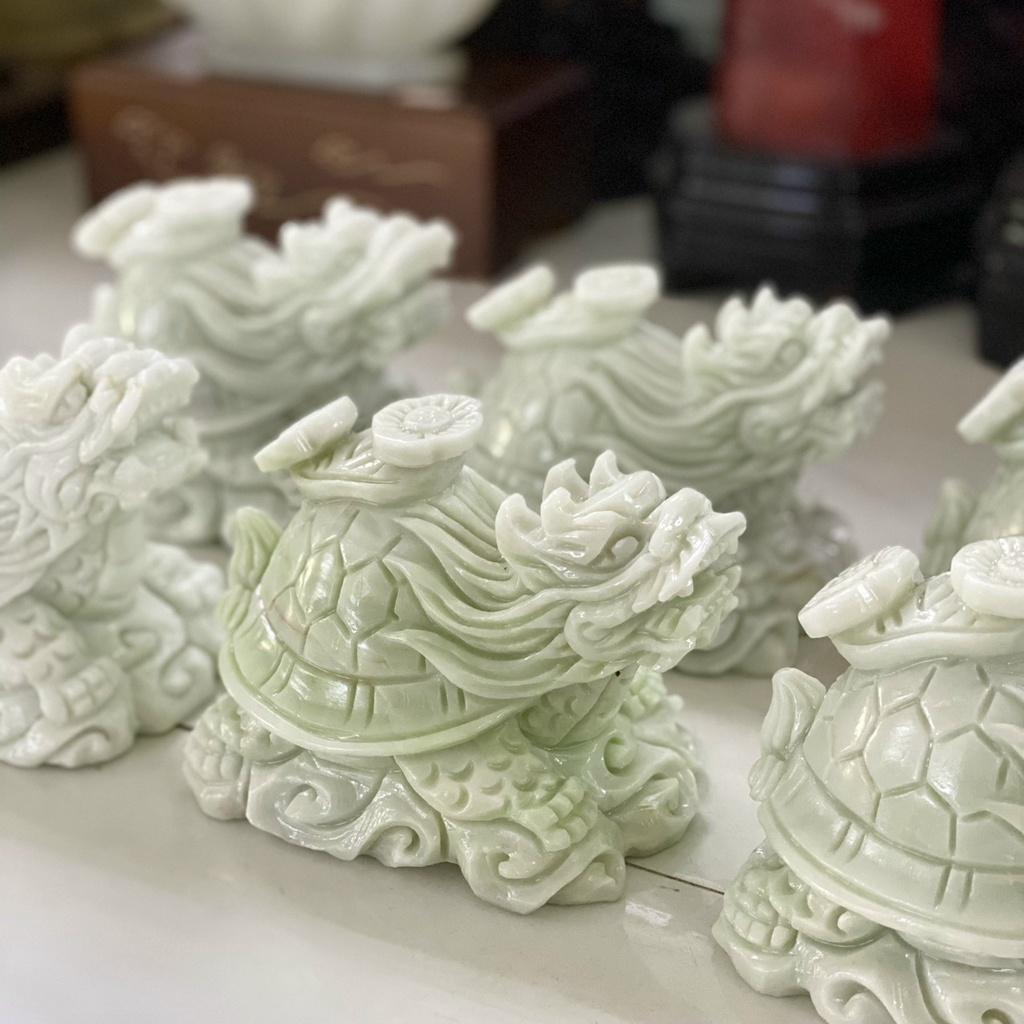 Tượng Long Quy Phong Thủy Đá Trắng Xanh Thái Nguyên nguyên khối - dài 15cm , cực nét