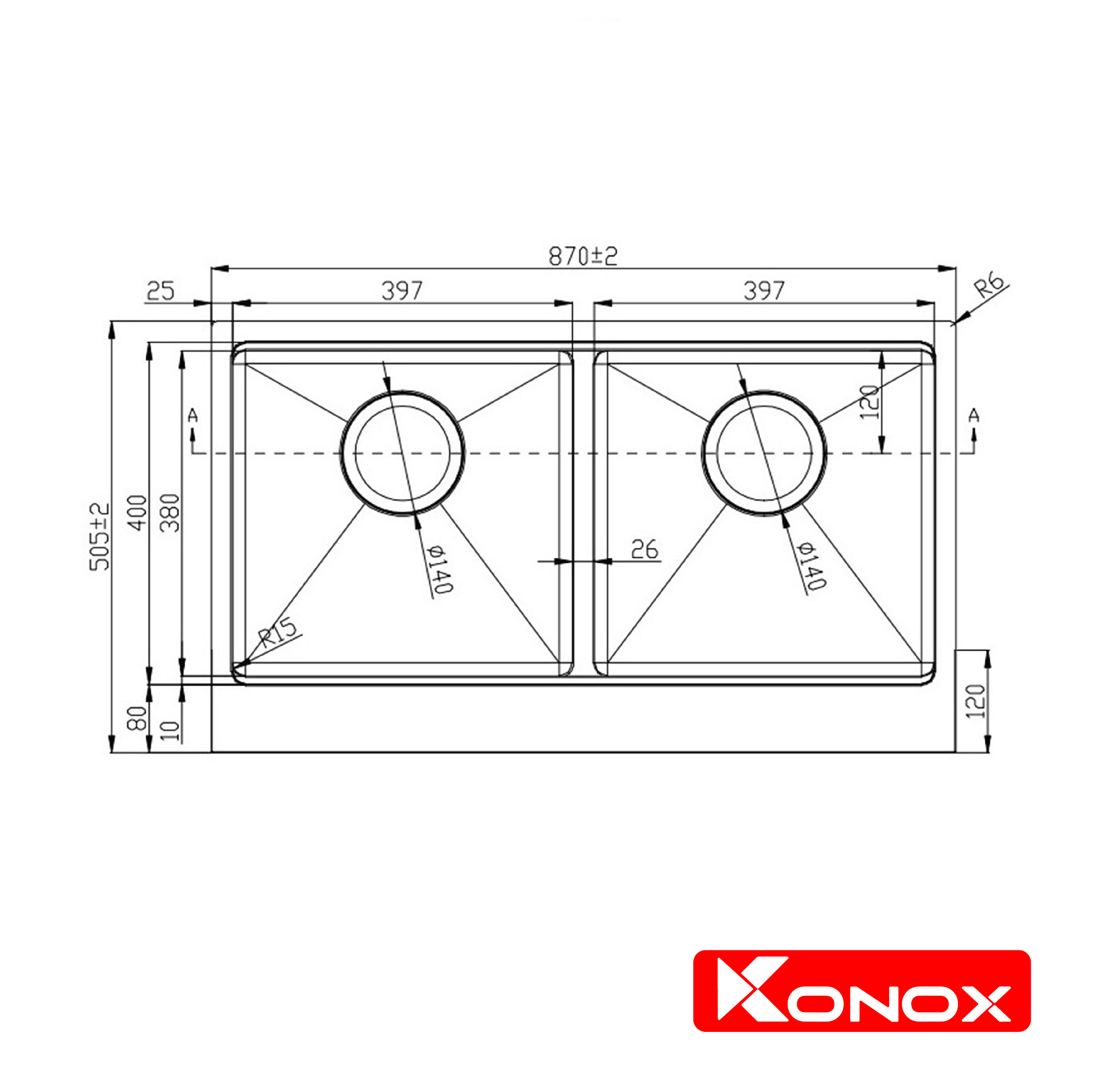 Chậu rửa bát Konox, Apron Series, Model KN8750DA, Inox 304AISI tiêu chuẩn châu Âu, Hạ bậc tích hợp, 870x505x220(mm), Full set gồm thớt gỗ, Roll Mat, Siphon, Hàng chính hãng