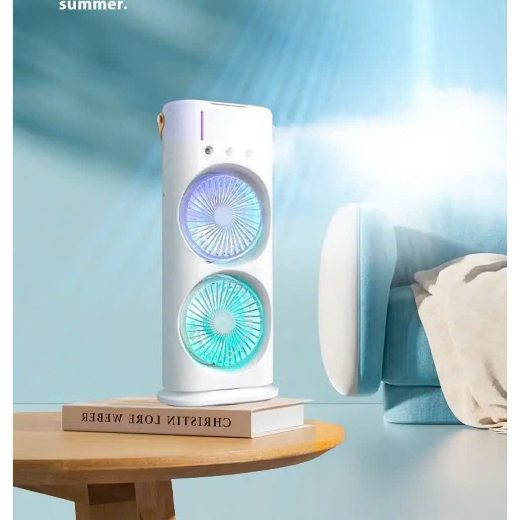 Quạt Điều Hoà 2 Cánh Gió Tạo Độ Ẩm, Phun Sương Làm Mát, Tích Điện 4000mAh, Đèn Ngủ Đa Sắc - HÀNG CHÍNH HÃNG MINIIN