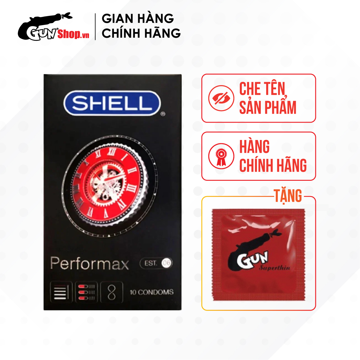 Bao cao su Shell Performax 6 in 1 - Kéo dài thời gian kèm 1 chiếc BCS Gun Super Thin