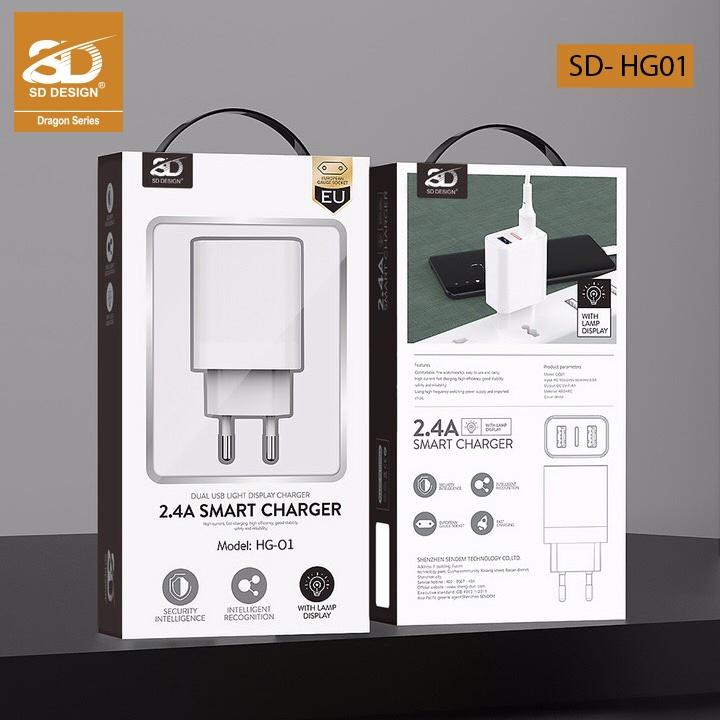 Bộ Củ Sạc 2 cổng USB 2.4A SD DESIGN HG01 hỗ trợ sạc nhanh an toàn cho các dòng điện thoại bảo hành 1 đổi 1