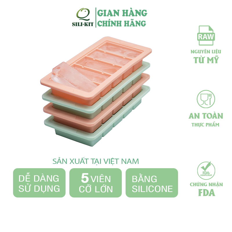 Khay làm đá 5 ngăn cỡ lớn bằng silicon, dễ dàng làm đá và lấy đá ra khỏi khay