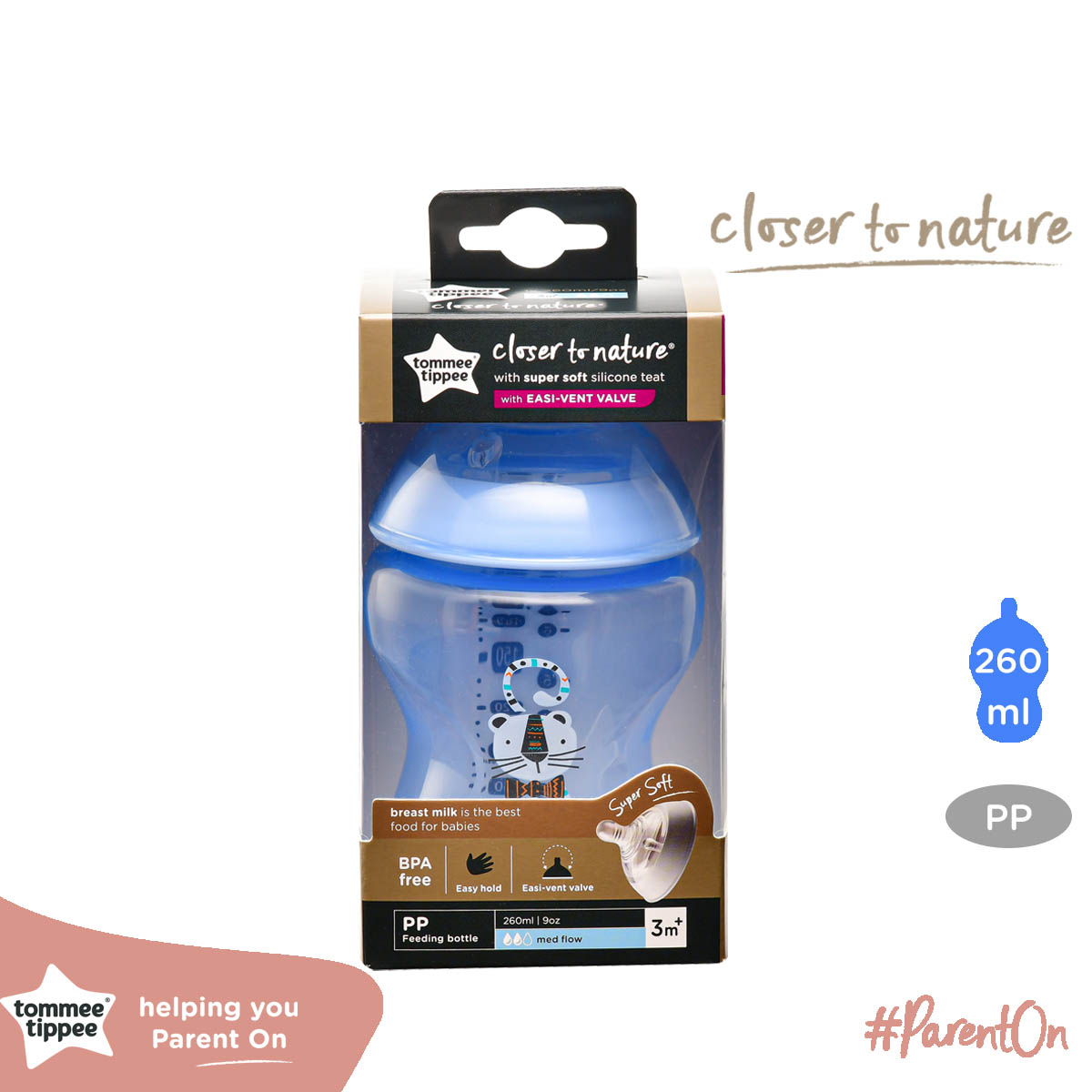 Bình Sữa Ty Siêu Mềm Tự Nhiên Tommee Tippee Closer To Nature 260ml, Núm Ty Của Bình 3-6 Tháng - Xanh Dương