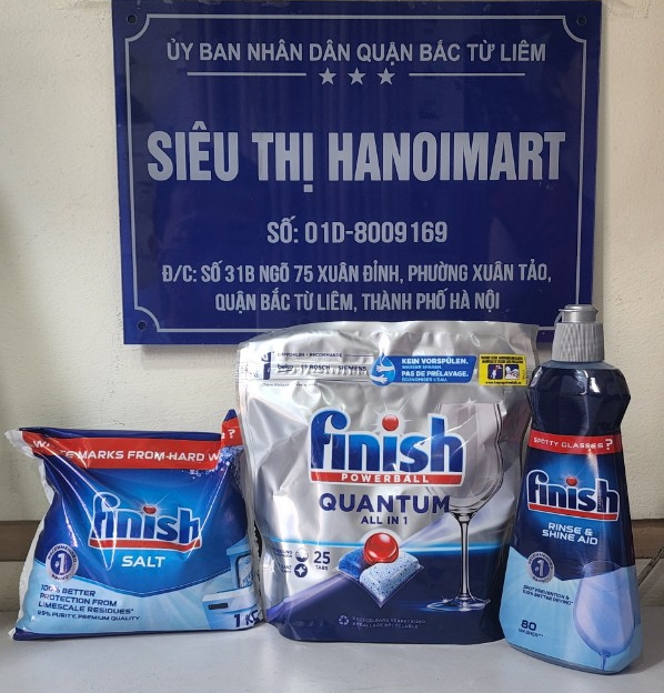 Combo Viên rửa bát Finish Quantum 25 viên + muối rửa bát Finish 1kg + Nước làm bóng finish 400ml