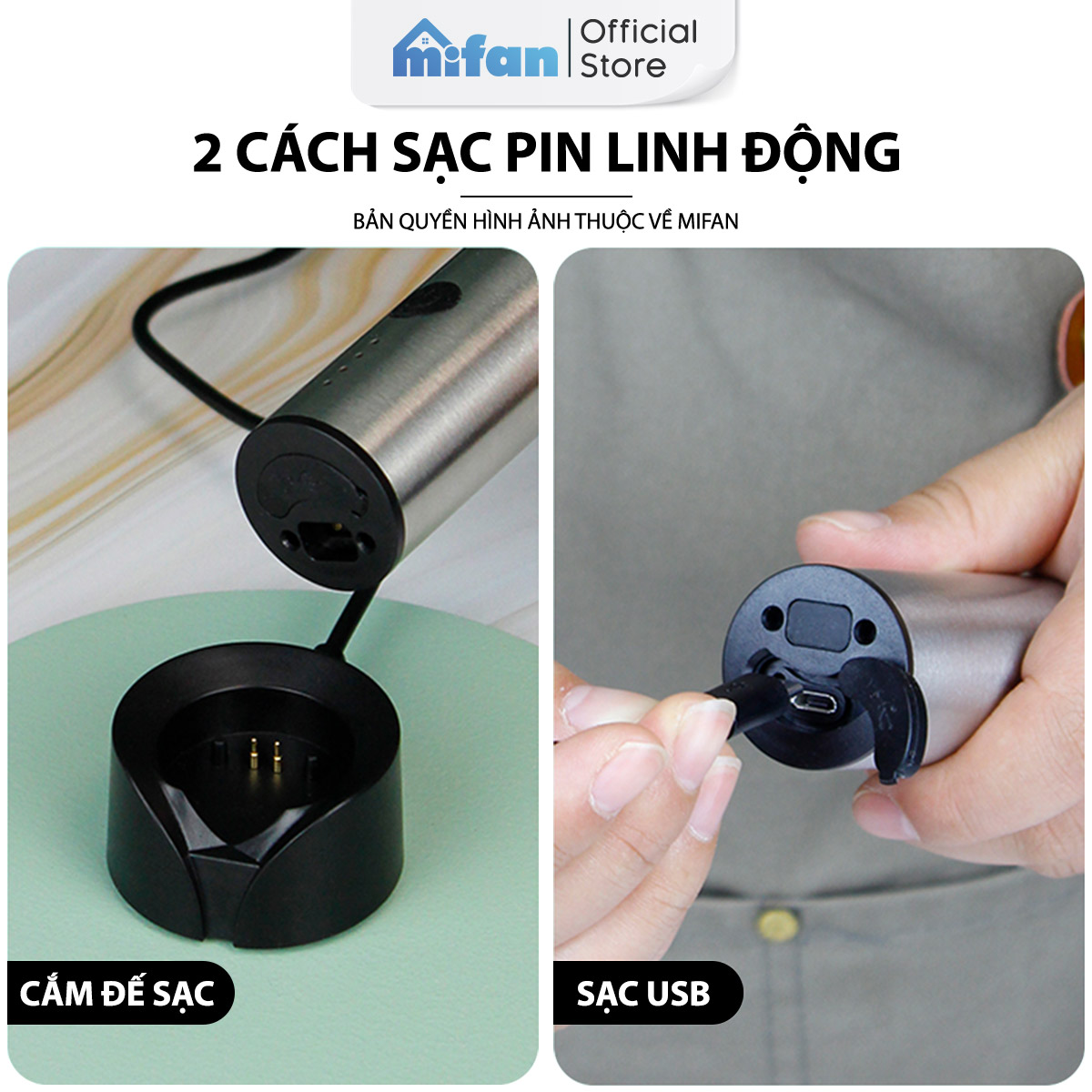 Máy Đánh Bọt Cà Phê Microfoam Mifan MF1501G - 3 Đầu Đa Năng, Thép không gỉ, Đế sạc USB tiện lợi - Hàng Chính Hãng