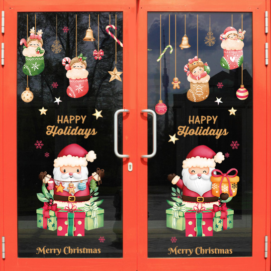 Decal trang trí Noel - Rèm dây vớ và 2 ông già noel nhỏ