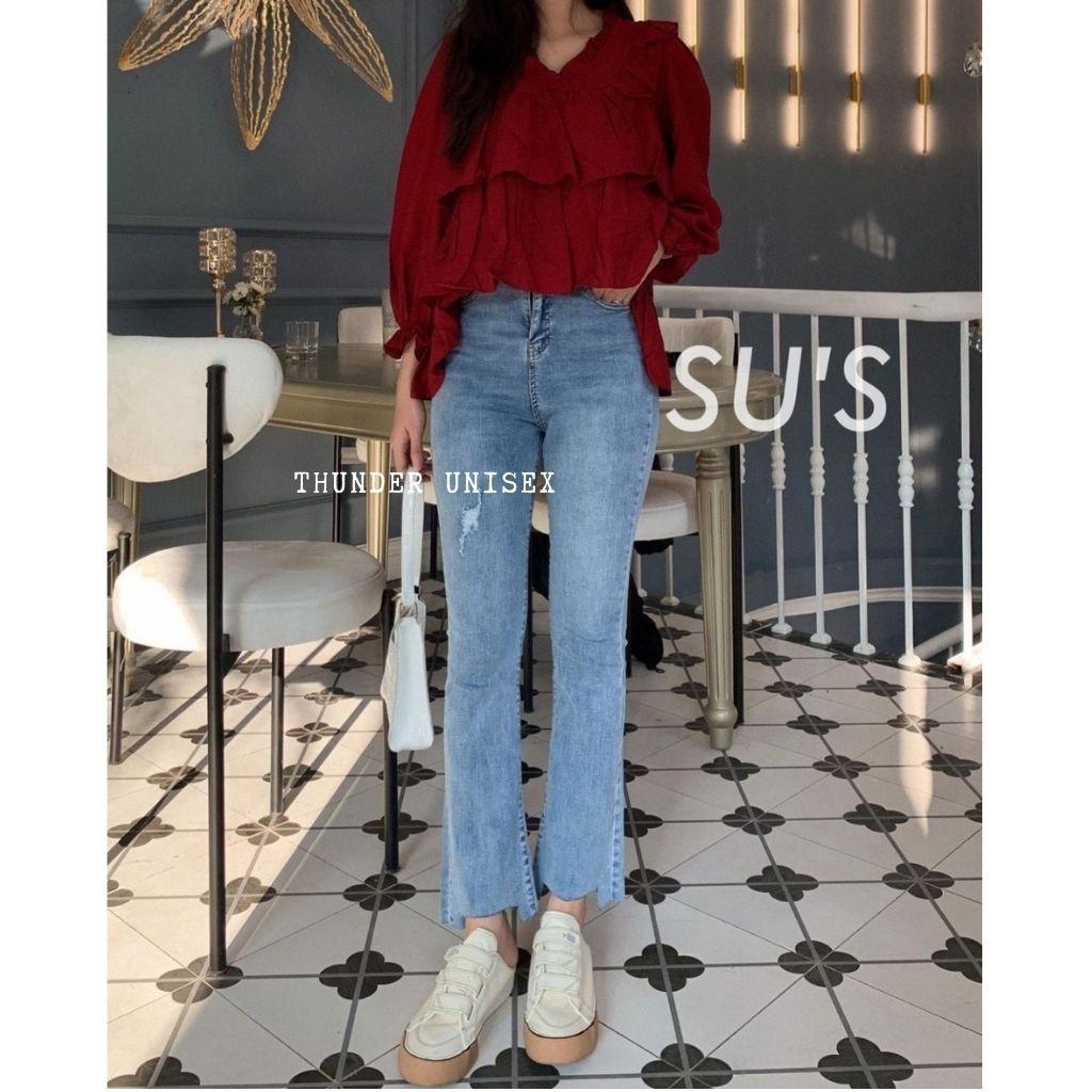 Quần Jean Nữ Ống Loe Lưng Cao Gấu Rách Cá Tính Quần Bò Loe Co Giãn Hack Dáng ThunderUnisex Phong Cách Hàn Quốc Ulzzang