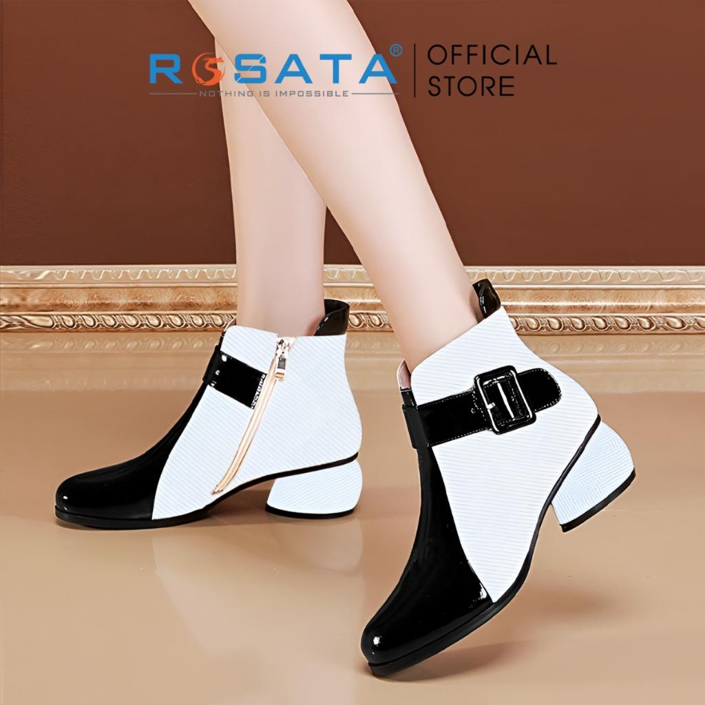 Giày bốt nữ cổ cao đế vuông cao gót 5 phân mũi tròn phối màu đen trắng thời trang khóa kéo ROSATA RO589 ( BẢO HÀNH 12 TH