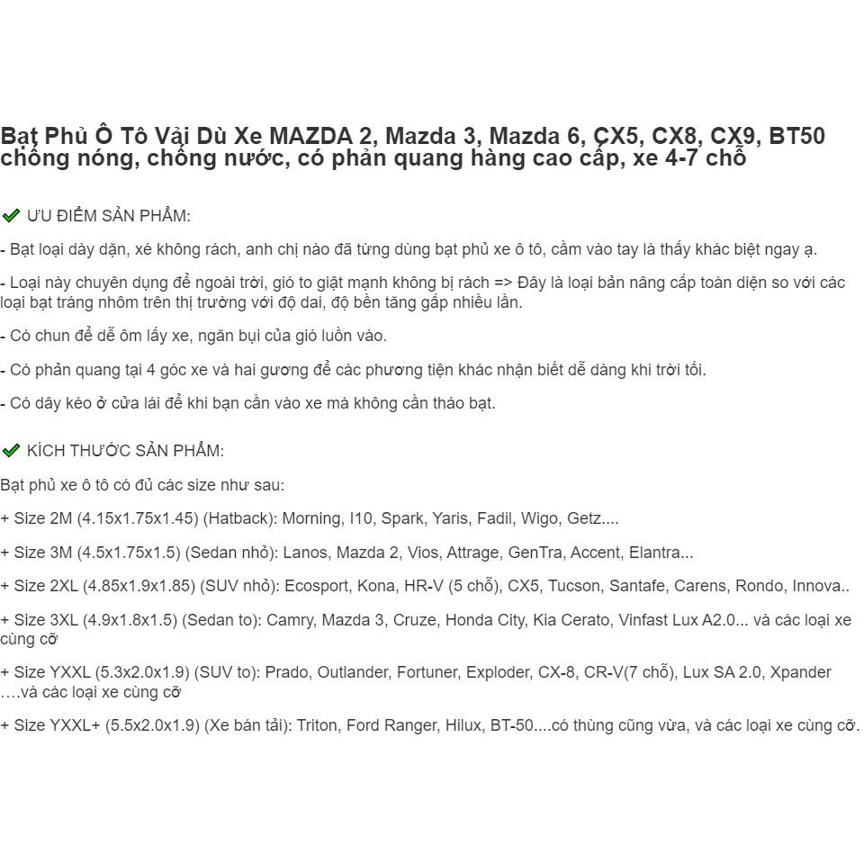 Bạt Phủ Ô Tô Vải Dù Xe MAZDA 2, Mazda 3, Mazda 6, CX5, CX8, CX9, BT50 chống nóng, chống nước, có phản quang
