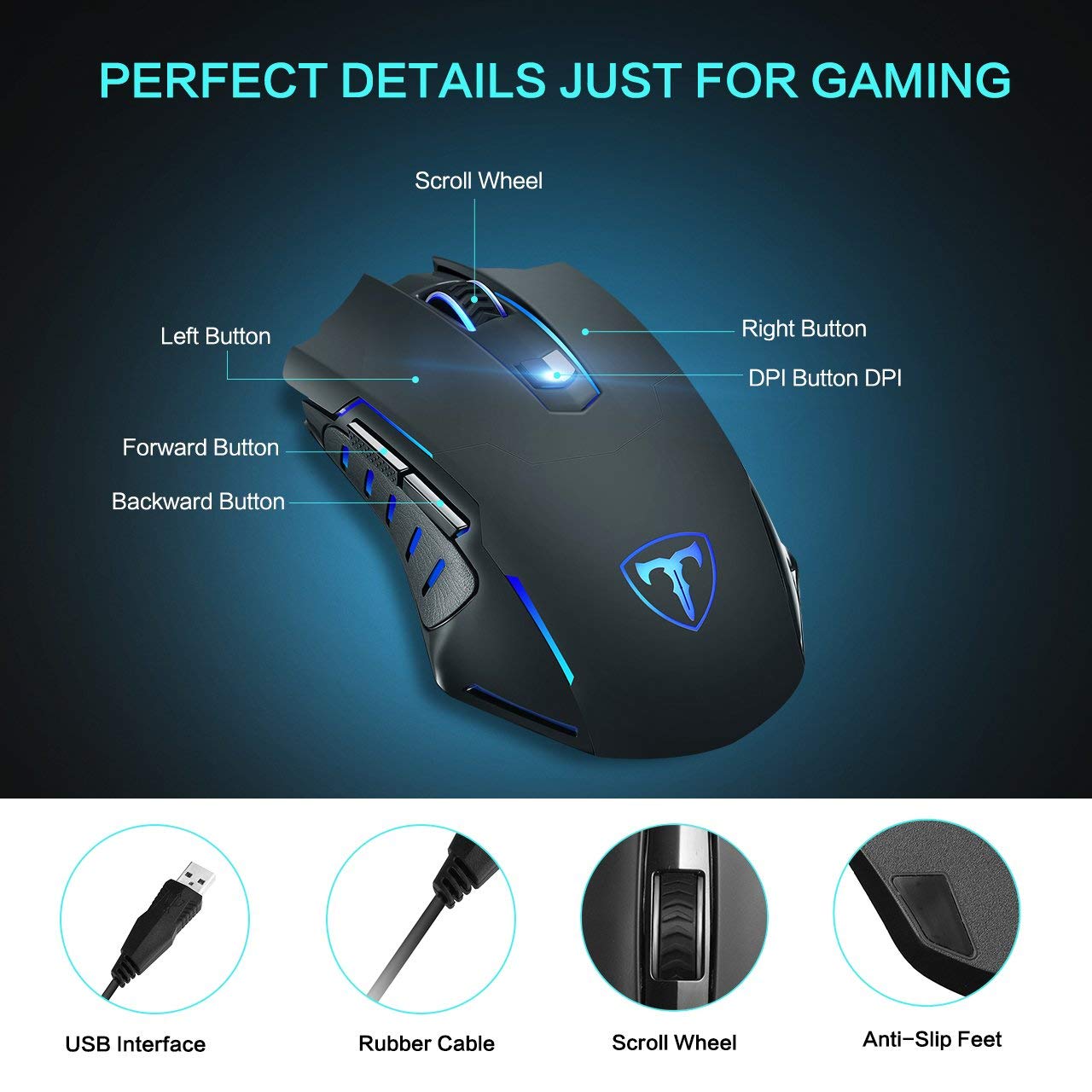 Chuột chơi game văn phòng có dây USB PICTEK T9 3200 DPI 6 nút - Hàng chính hãng