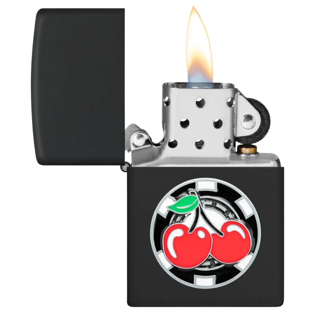 Bật Lửa Zippo Chính Hãng Mỹ Poker Chip Cherries – Biểu Tượng May Mắn Ốp Nổi, Vỏ Đen Nhám Black Matte Chống Gió