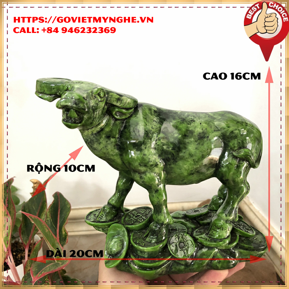 Tượng đá phong thủy tượng con Trâu chiêu giữ tài lộc phong thuỷ cho gia chủ - Cao 16cm - Màu xanh lục bích