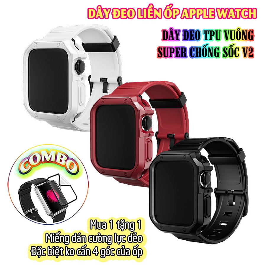 Dây Đeo khung ốp rời dành cho Apple Watch size 38/40/42/44mm TPU vuông SUPER chống sốc V2 - Đen (tặng dán KCL theo size)