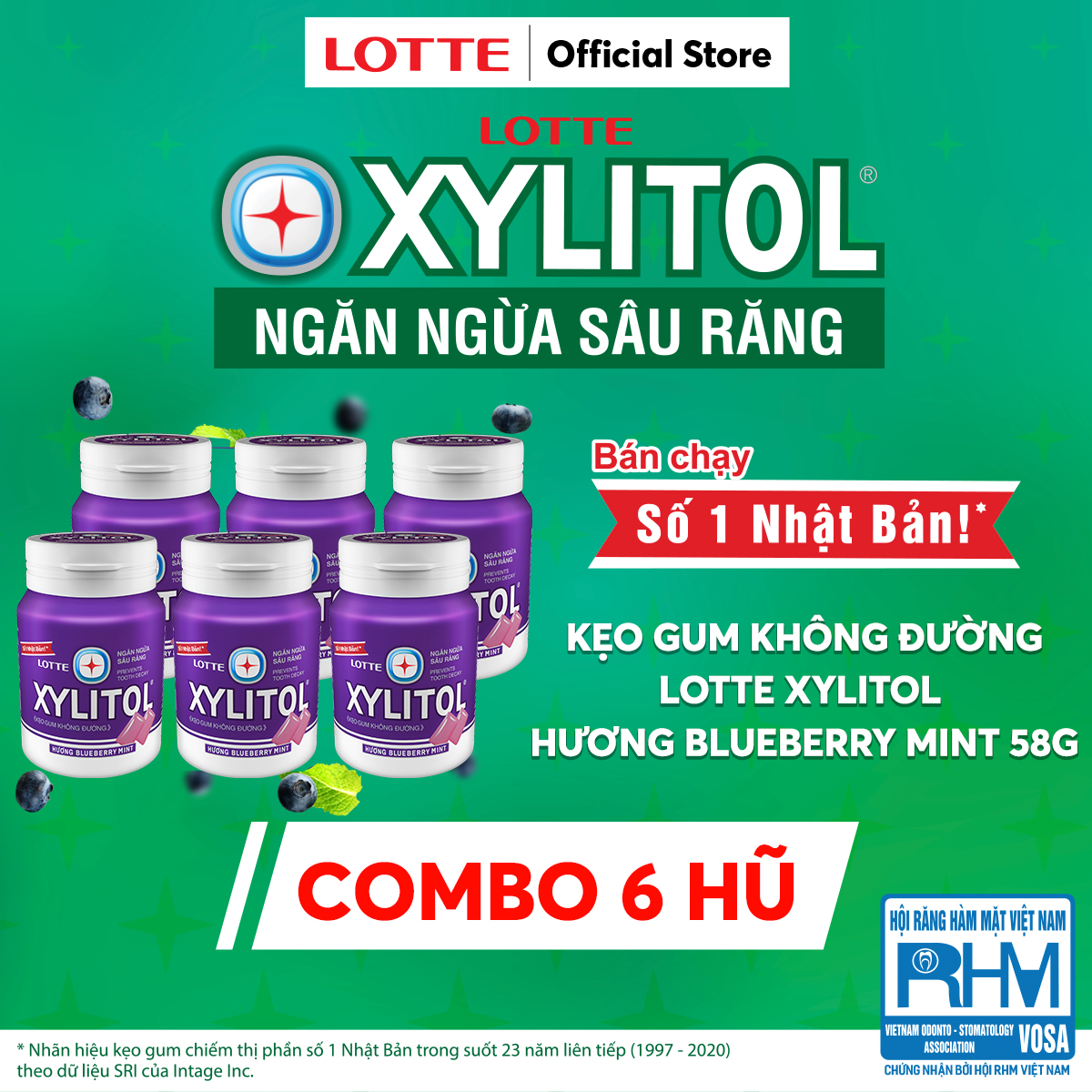 Combo 6 Kẹo Gum không đường Lotte Xylitol - Hương Blueberry Mint 55.1 g