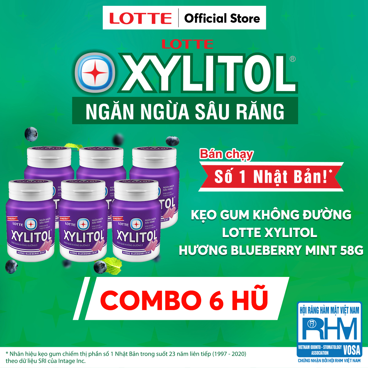Combo 6 Kẹo Gum không đường Lotte Xylitol - Hương Blueberry Mint 55.1 g