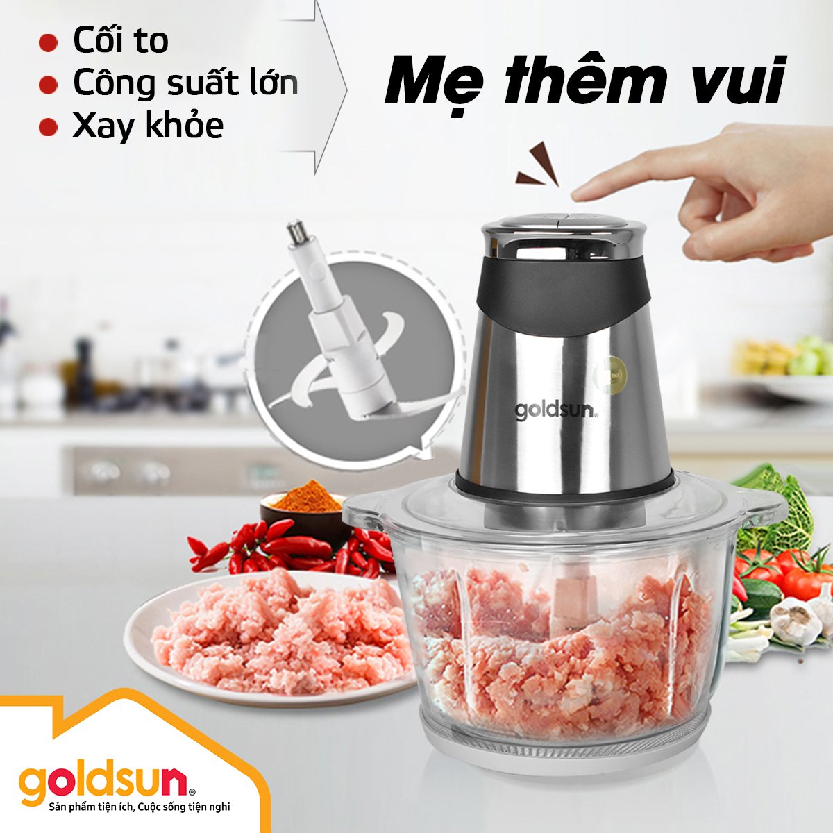 Máy xay thịt đa năng Goldsun công suất 500W dung tích 2L cối xay thủy tinh - Hàng chính hãng Goldsun