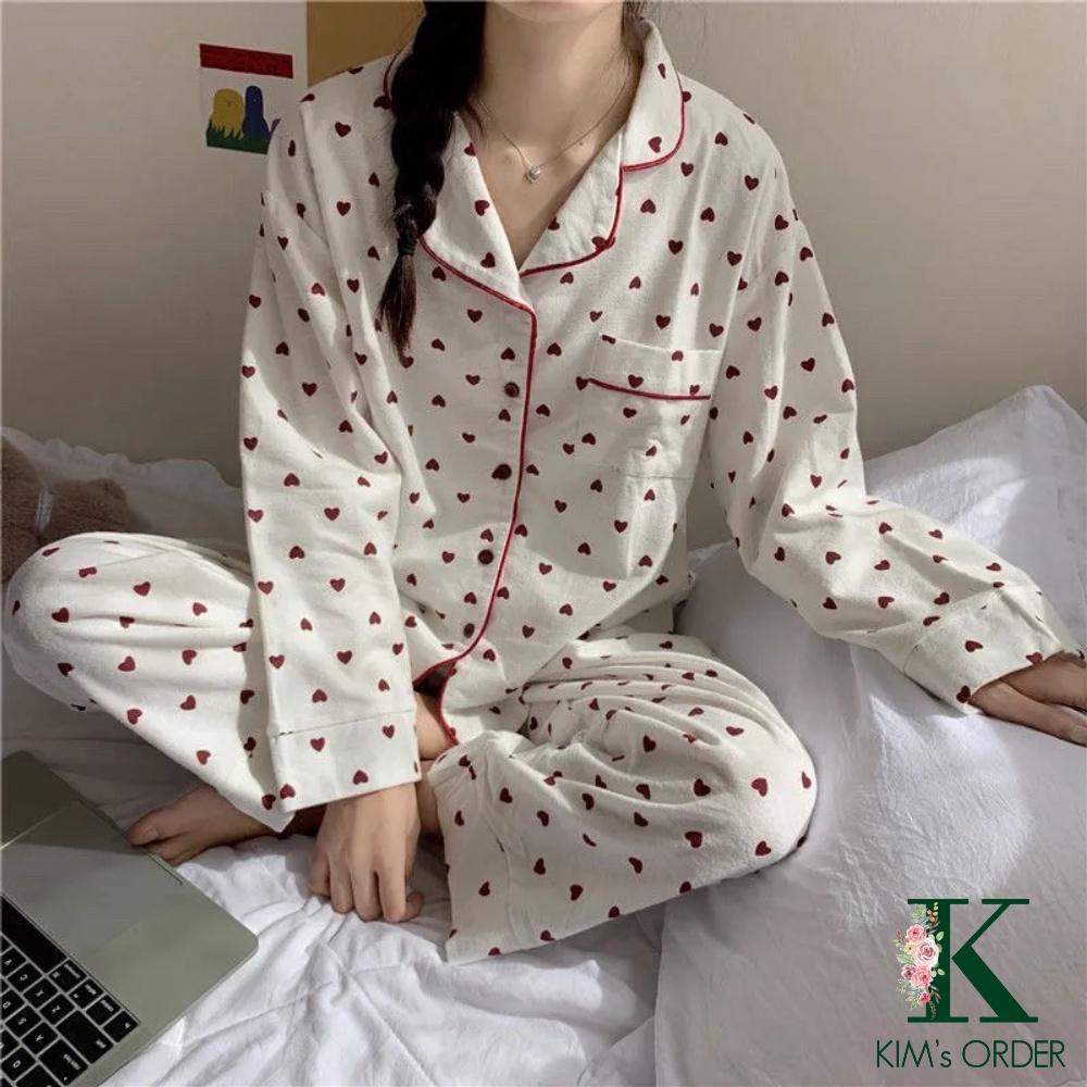 Bộ đồ ngủ mặc nhà dài tay hoạ tiết trái tim chất liệu mềm mại phong cách Ulzzang Hàn Quốc, bộ đồ sau sinh thoải mái cute