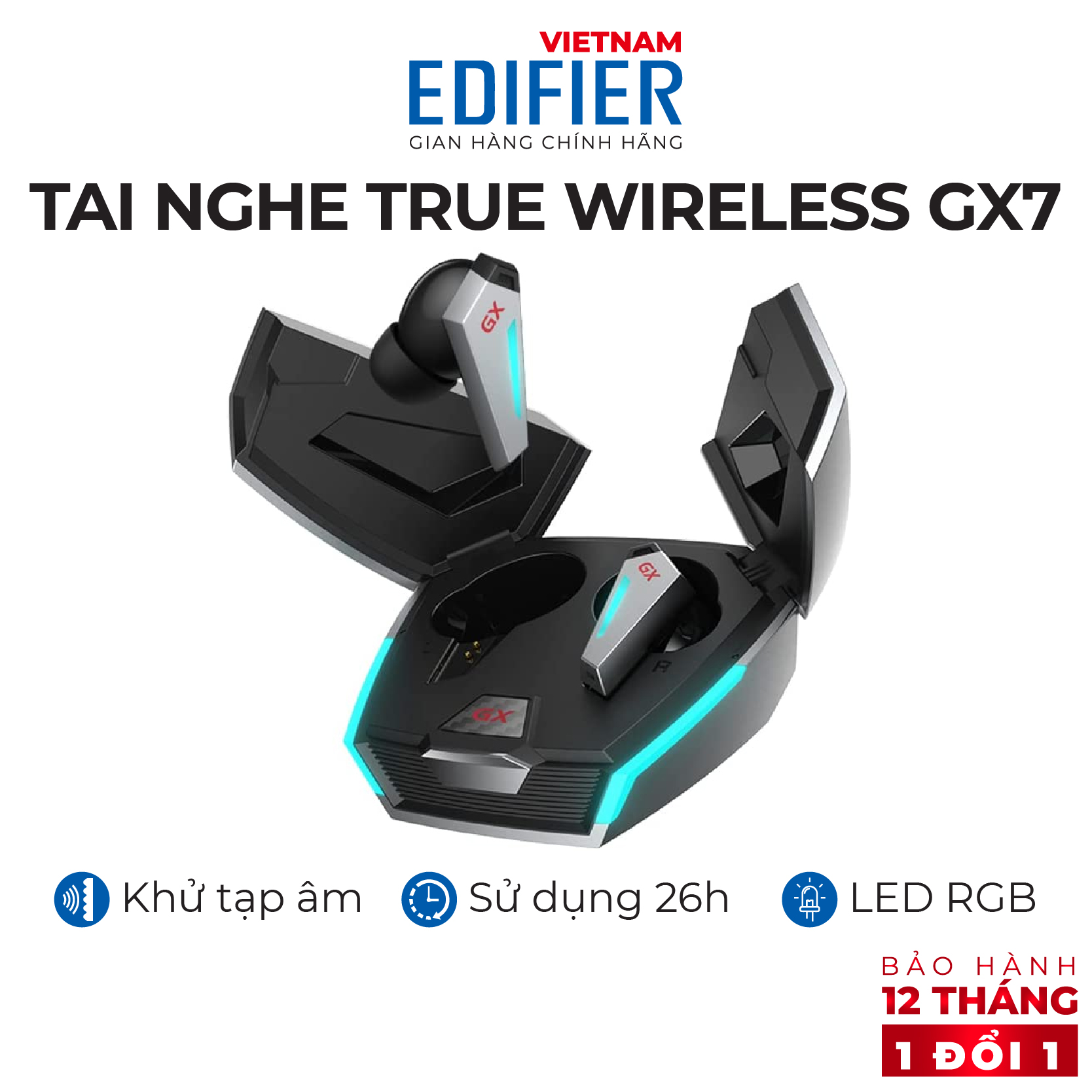 Tai nghe True Wireless Gaming EDIFIER GX07 - 26 giờ phát nhạc Khử tiếng ồn ANC - Driver 8mm, Game Mode - Hàng chính hãng