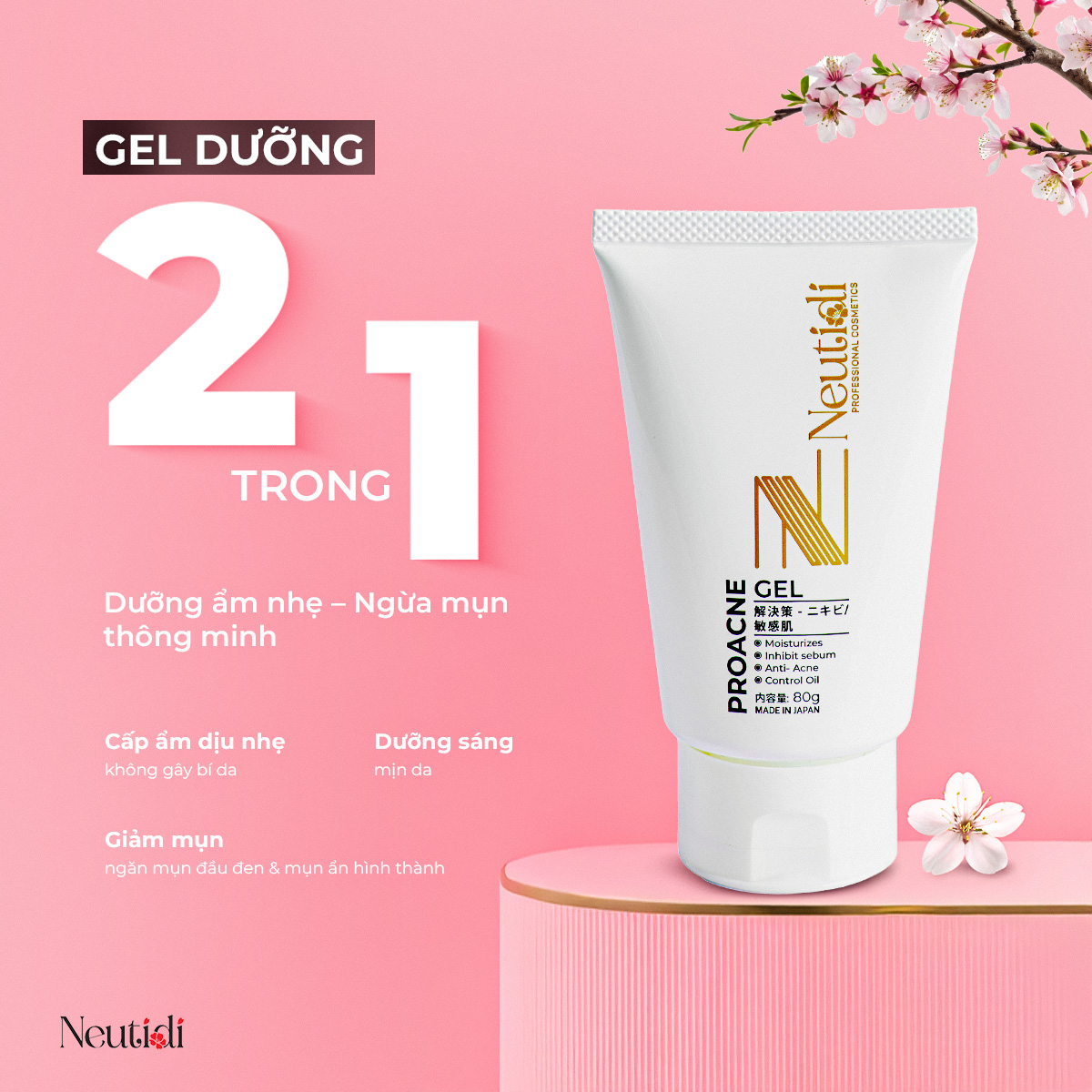 Gel Dưỡng Ẩm Neutidi ProAcne – Cấp Nước, Giảm Bóng Dầu, Hỗ Trợ Da Mụn 80g - Made in Japan