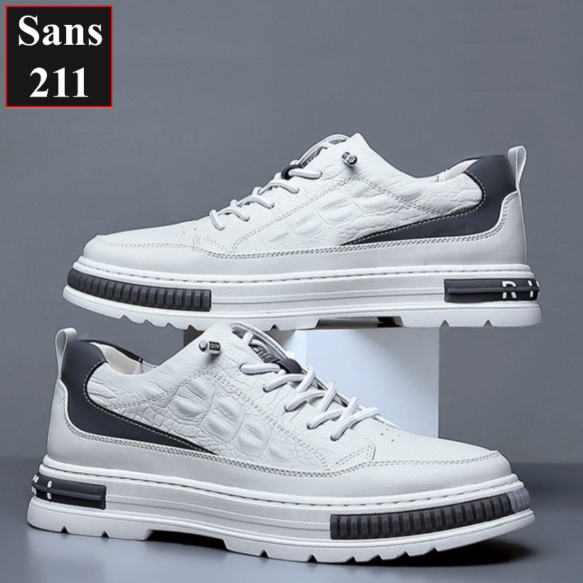 Giày thể thao nam độn đế 6cm Sans211 sneaker da bò thật tăng chiều cao đẹp màu trắng có size nhỏ 37 vân cá sấu full box