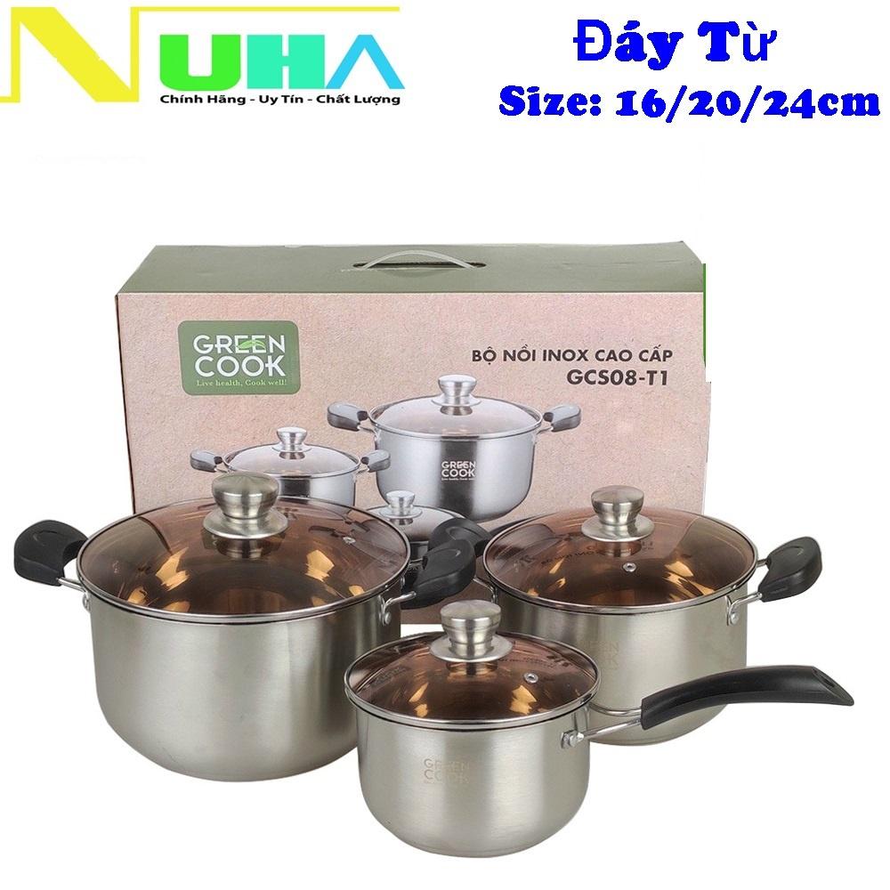 Bộ nồi inox 3 đáy Green Cook GCS08-T1 gồm 3 món sử dụng được trên bếp từ -Hàng chính hãng