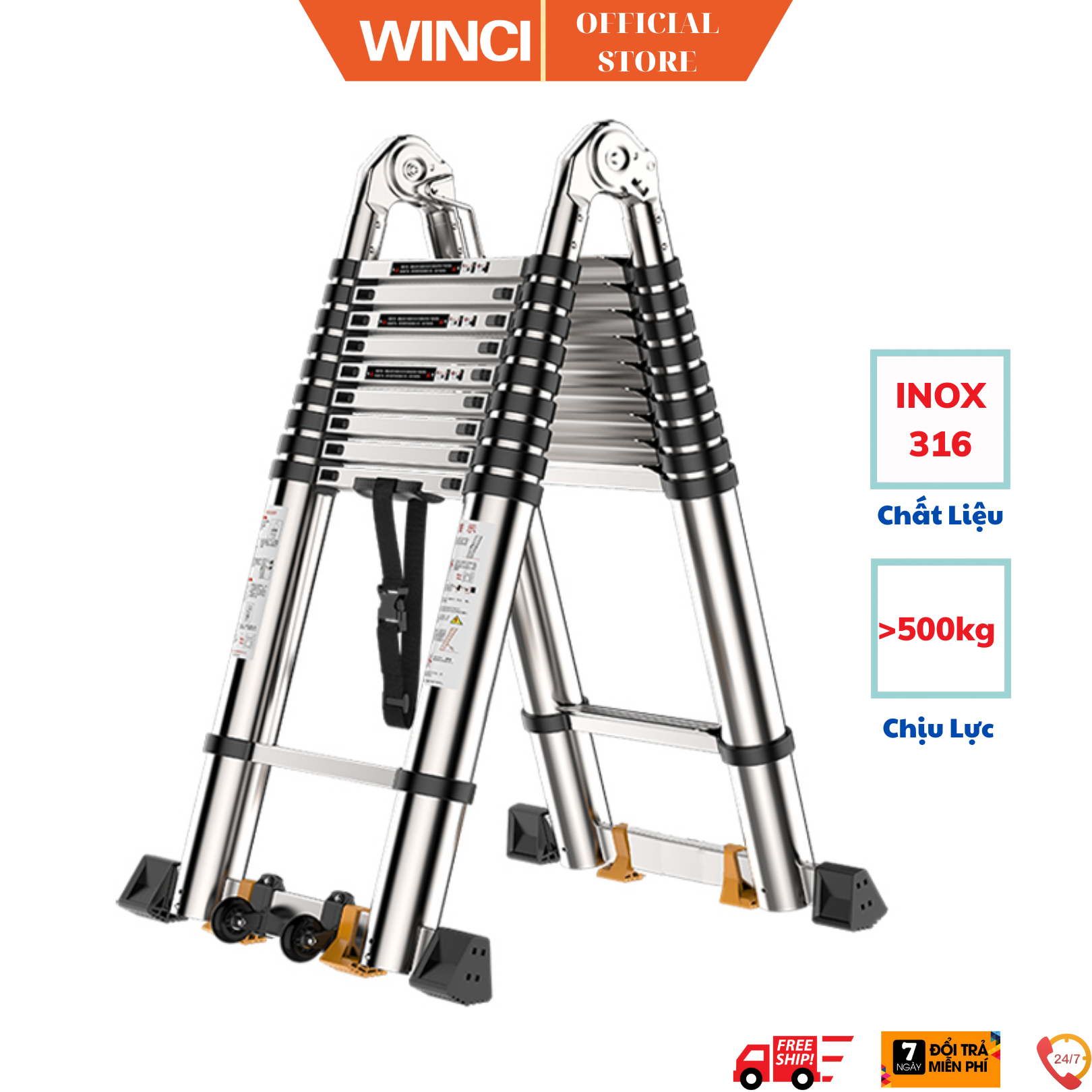 Thang INOX Rút Chữ A, INOX 316 chính hãng WINCI, Win-TRS(X), Có bánh xe, chịu tải tối đa 800kg, Hàng Chính Hãng