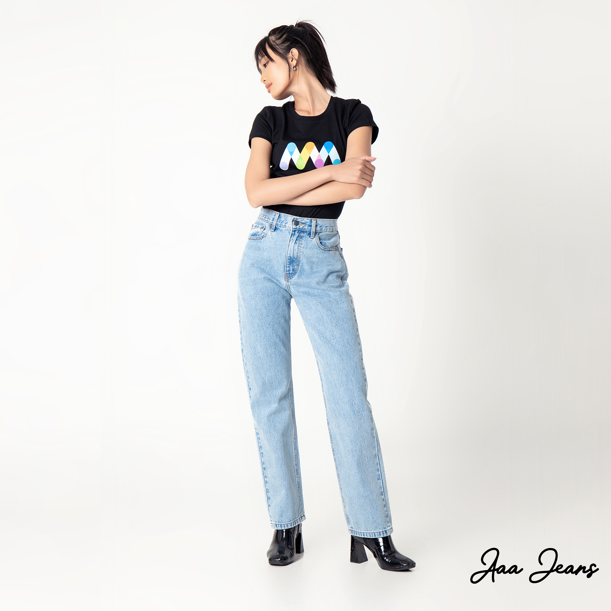 Quần jeans nữ ống đứng slim fit lưng cao Aaa Jeans