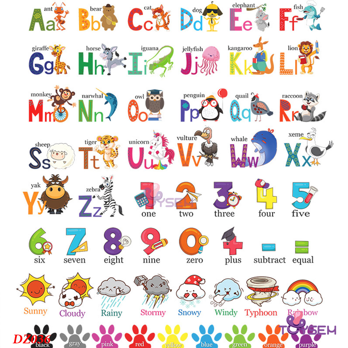 Decal dán tường 26 chữ cái và số 30x24cm họa tiết các con vật hoạt hình dễ thương