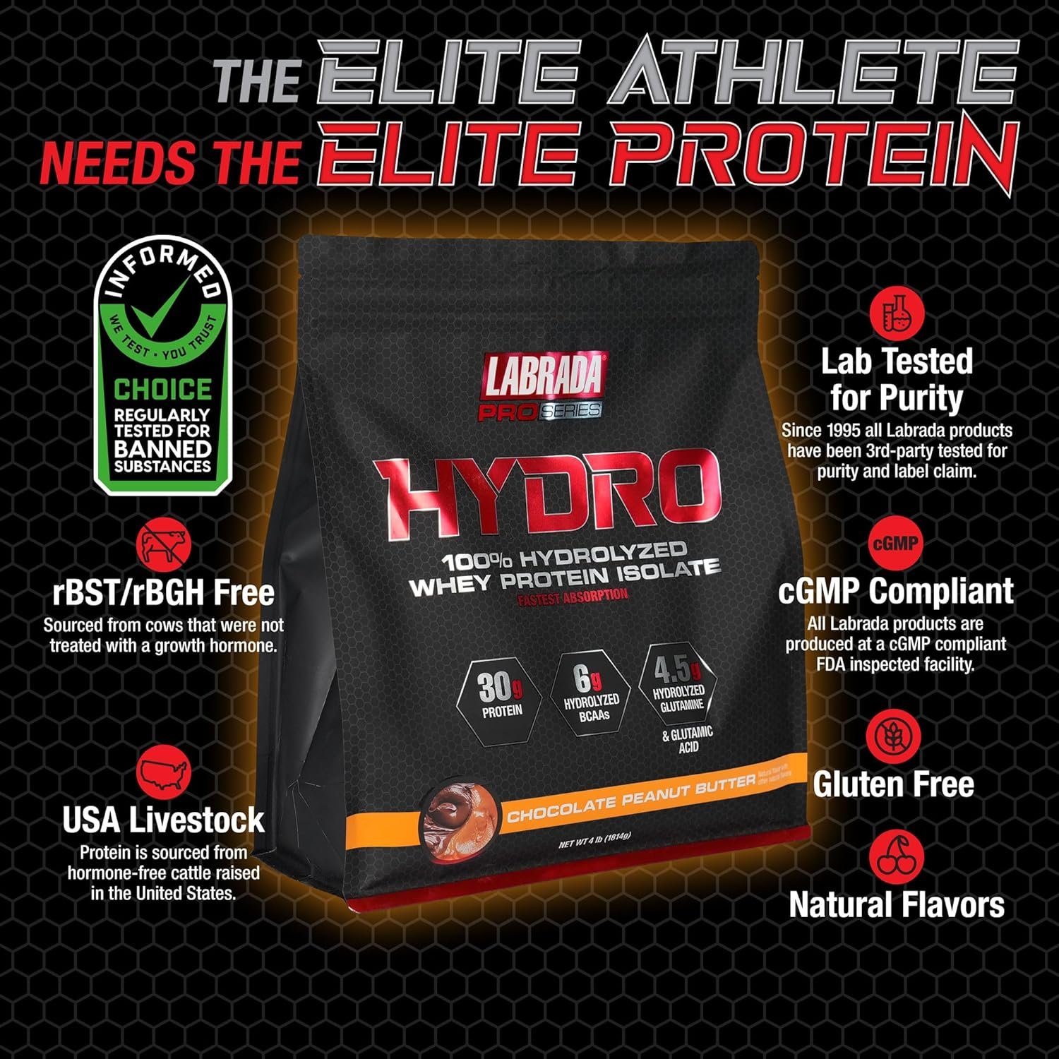 Labrada Pro Series HYDRO | 100% Hydrolyzed Whey Protein Isolate | 30g Protein, 6g BCAA, 4.5g Glutamine | Hấp Thu Nhanh, Tinh Khiết, Không Đường &amp; Không Lactose