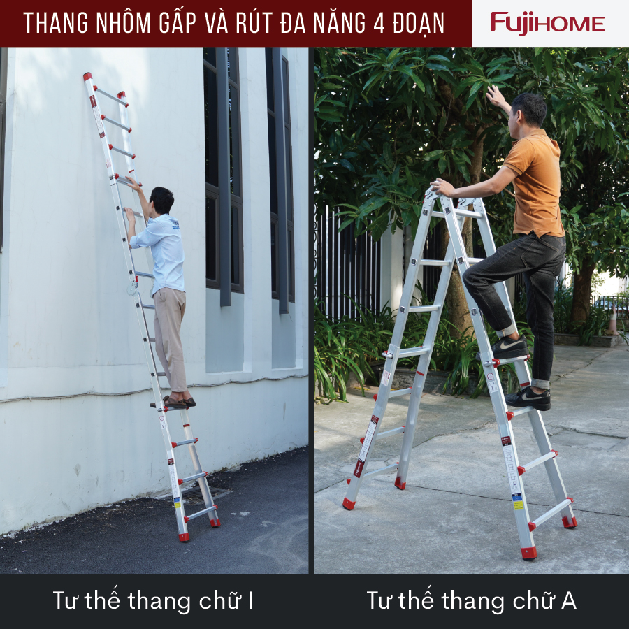 Thang nhôm trượt đa năng FUJIHOME ML44, thang gấp rút 4 đoạn cao chữ A 2m, chữ I 4 m linh hoạt 5 kích thước-Hàng chính hãng