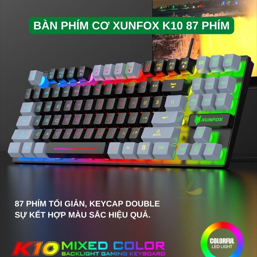 Bàn phím giả cơ gaming XUNFOX K10 - Bàn phím có dây công thái học 87 phím LED Rainbow, nhiều chế độ chuyển màu hấp dẫn - Hàng nhập khẩu