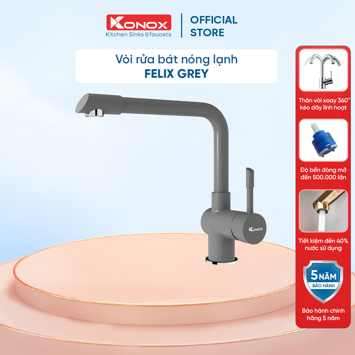 Vòi rửa bát nóng lạnh xoay 360 độ KONOX Felix Grey, bề mặt xử lý mạ PVD Granite, lõi hợp kim đồng 61% tiêu chuẩn Châu Âu CW617N