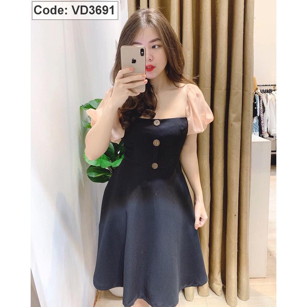 Đầm Đen Xòe Vải Boy Phối Tay Voan Kem mã VD3691145